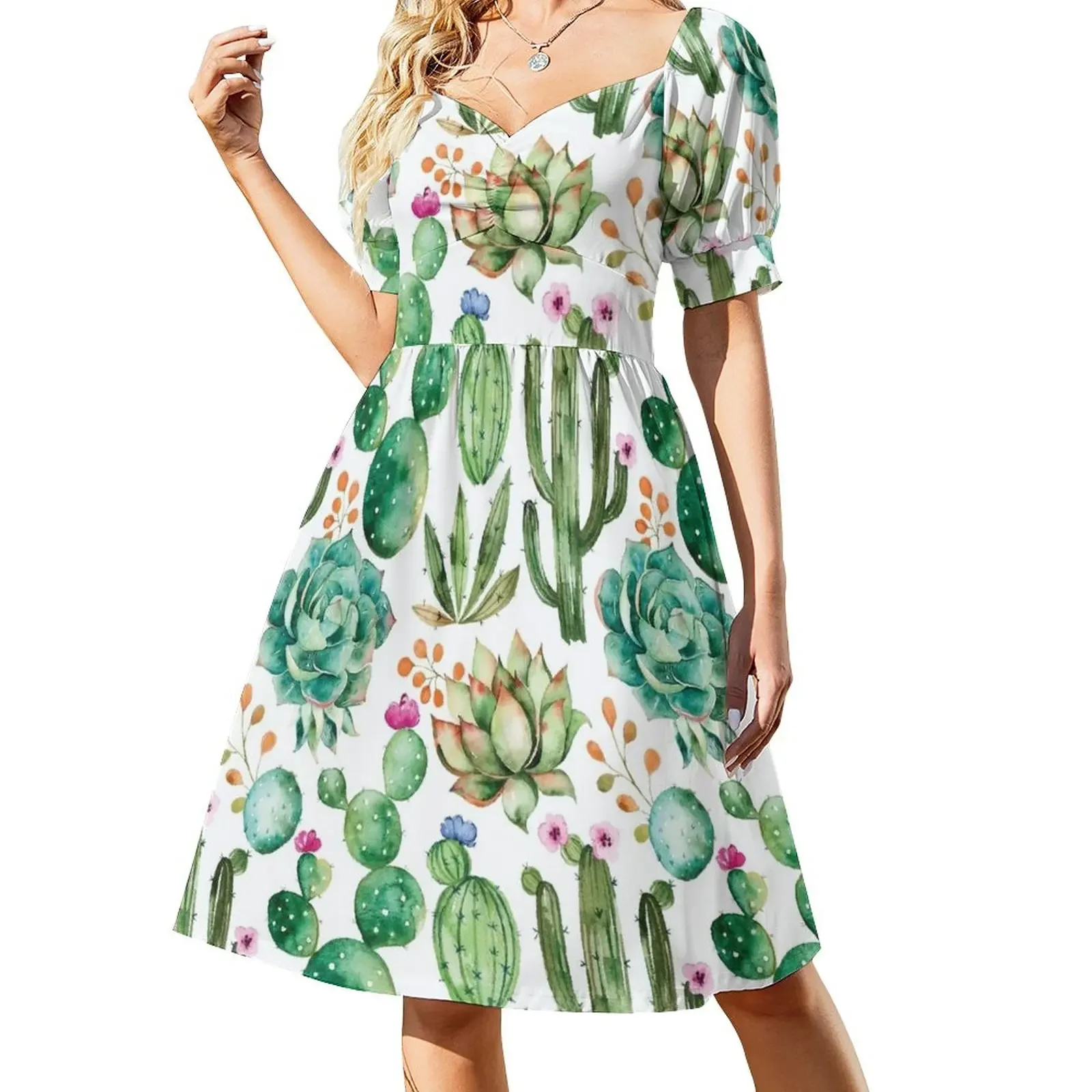 

Watercolor Cactus Pattern Short-Sleeved Dress women's clothing summer 2025 novelties bandage dress