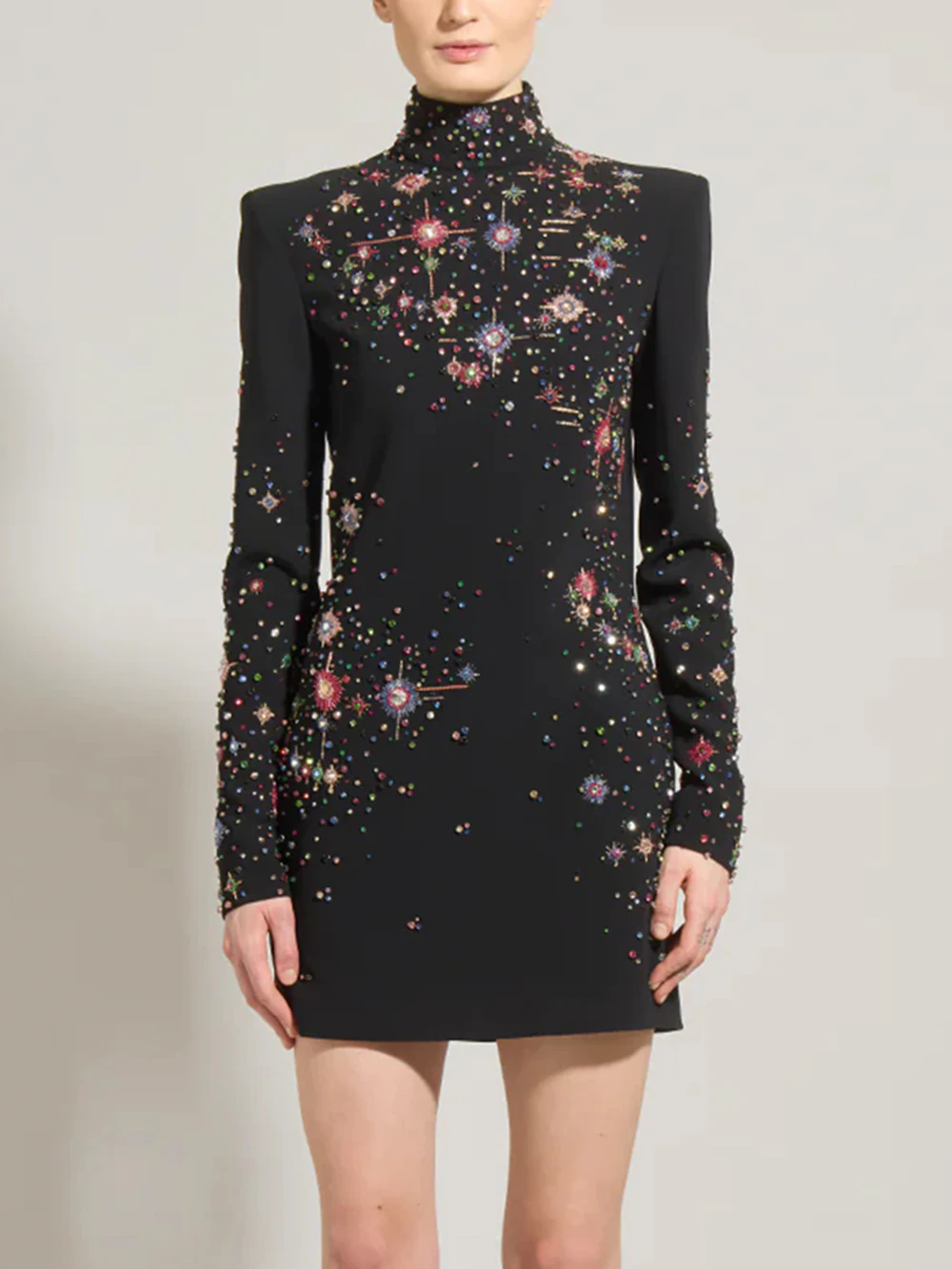 Heavy industry bead Diamonds Slim mini Dresses For Women Stand Neck long Sleeves High Waist Temperament Mini Dress Female