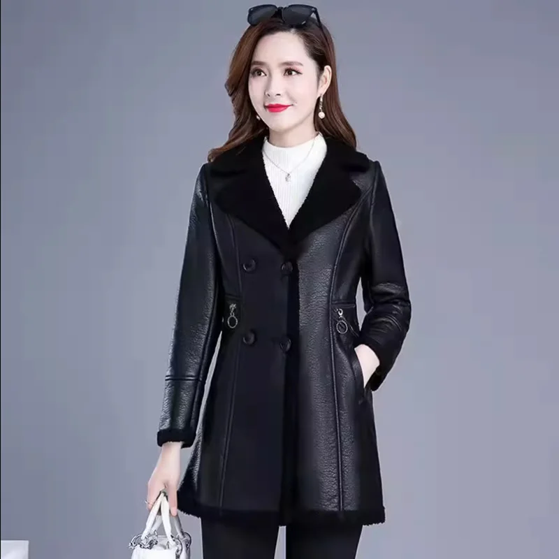 Women's Thick Sheepskin Leather Jacket, Long Loose Overcoat, Warm Parker Coat, Windbreaker, Female Outwear, Autumn, Winter XQ20