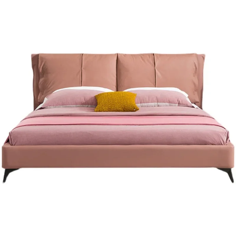 Italian minimalist girl pink leather air pressure high box bed, light luxury simple master bedroom down soft bag leather bed