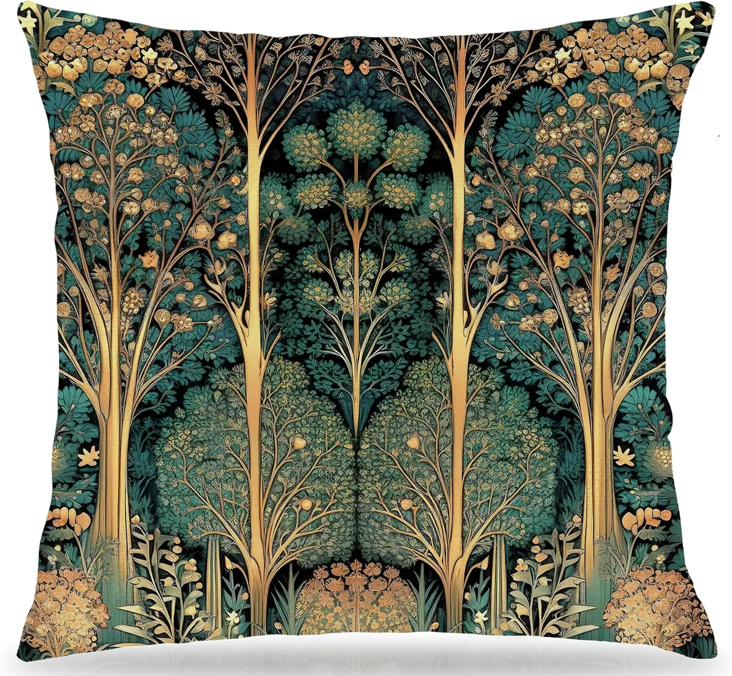 Luxury Botanical Forest Scene Throw Pillow Cover Gold Vintage Jungle Foliage Cushion Case Home Decor Accent Pillow 40x40cm