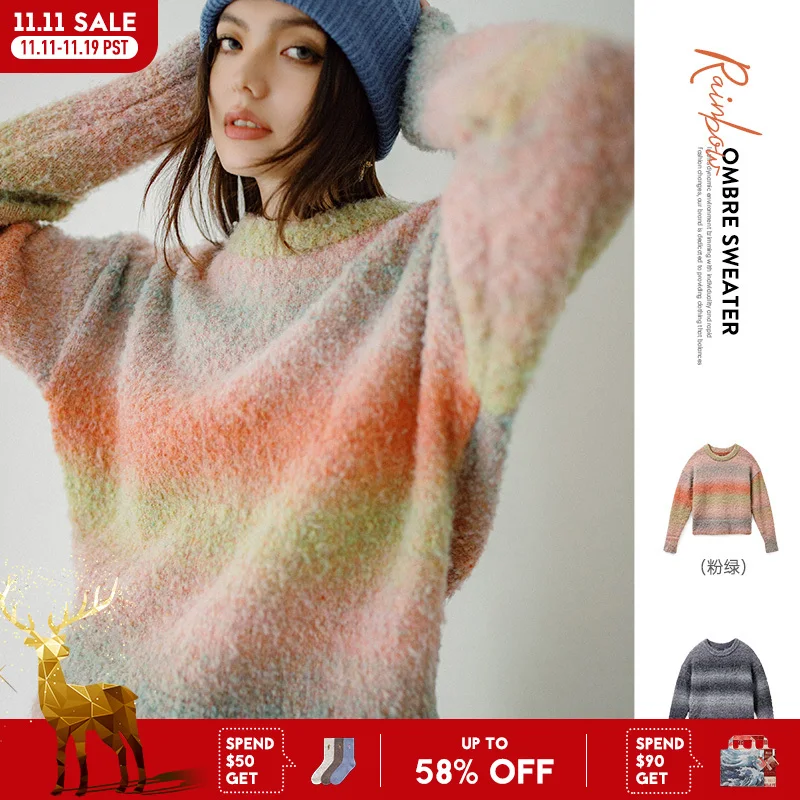 

Maden Casual Gradient Rainbow Knit Sweater Round Neck Pullover for Women's Autumn and Winter Warm Versatile Innerwear