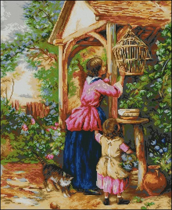 Cross stitch Kit Canvas Cross Stitch Embroidery Set Craft  32-Luca-SB583 A Mother and Daughter Feeding Birds Cross Stitch Set