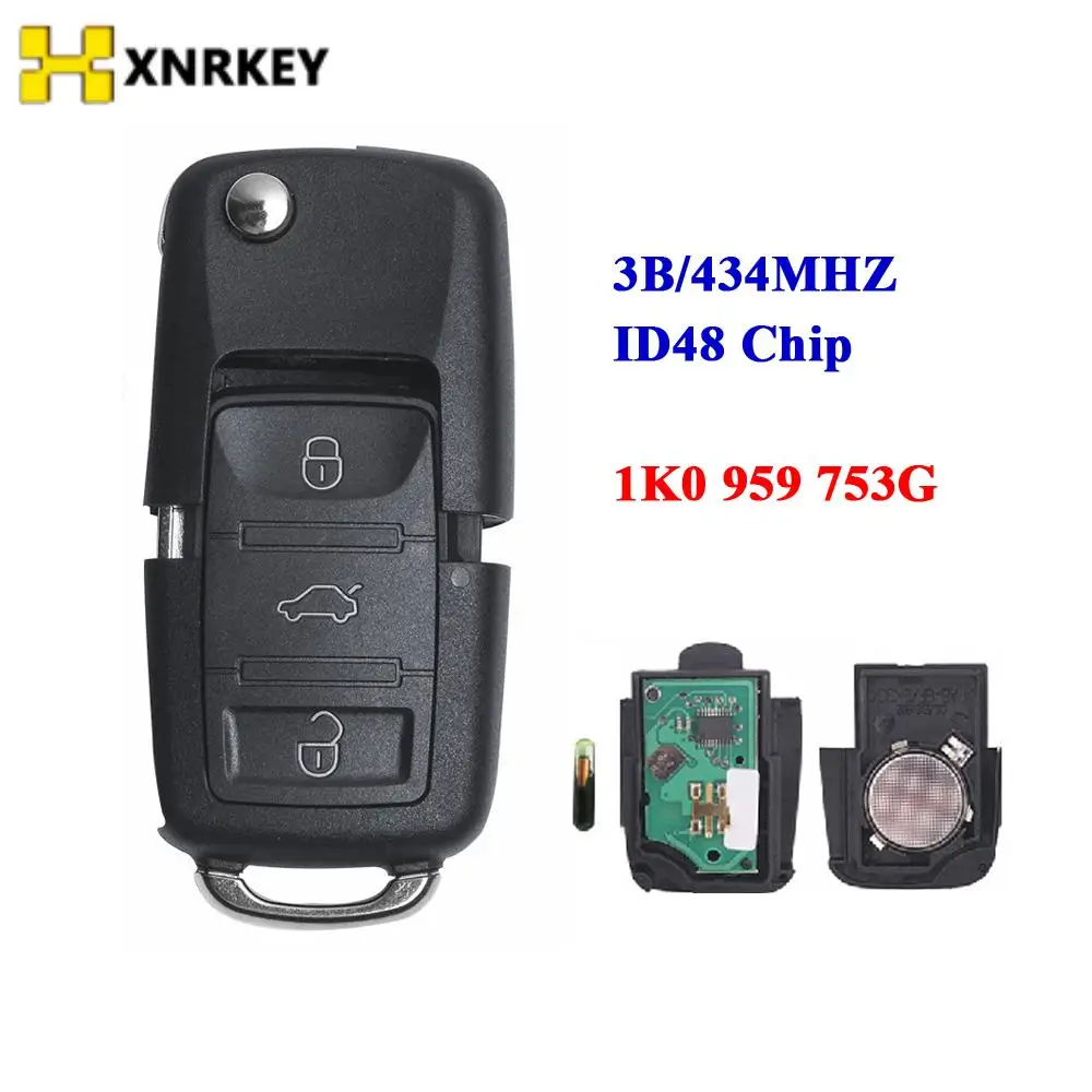 

XNRKEY Remote Car Key 3 Button 434MHz ID48 Chip for VW Volkswagen Golf Passat Polo Jetta Touran Bora Sharan FCC:1K0959753G