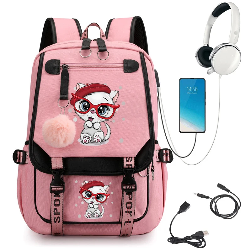 Leuke Schooltas Voor Studenten Waterdichte Rugzak Meisjes Cartoon Kitten Print Anime Reizen Bagpacks Usb Boekentas Mochila