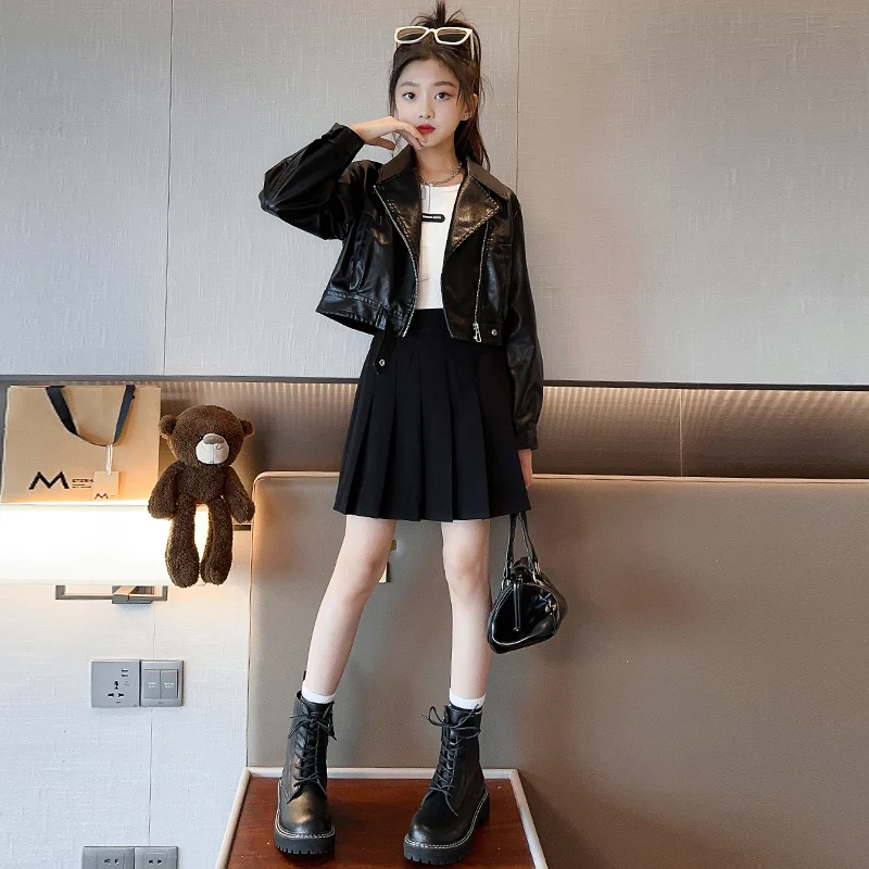 

Girls' Small Jacket Autumn PU Children's Casual Short Style Slim Fit Girls Leather Jacket 5-13 Years old Kids' Jacket RM60