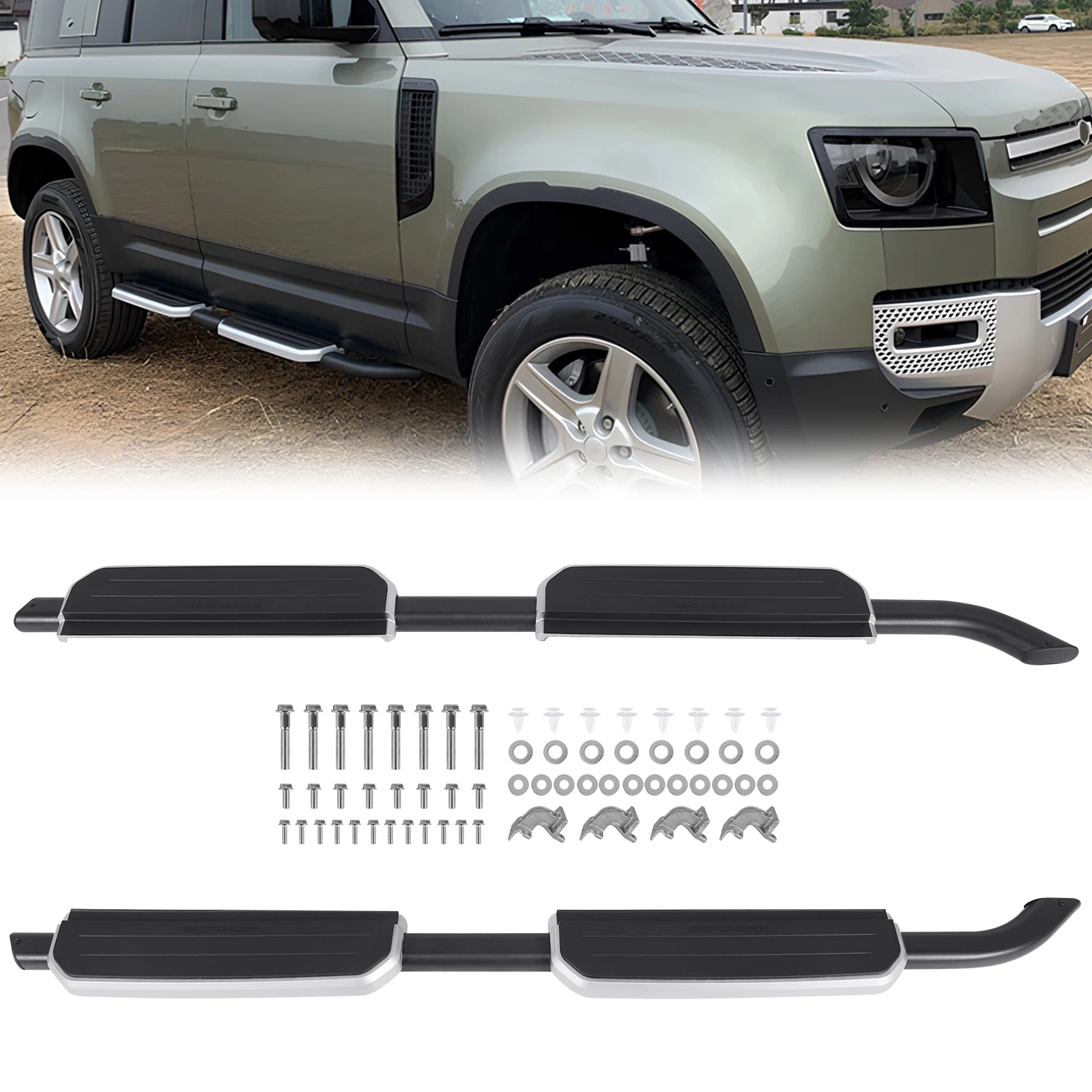 لوحات تشغيل من سبائك الألومنيوم لـ 2020-2024 لاند روفر ديفندر 400 رطل قضبان السكك الحديدية عالية الحاملة لوحات خطوة جانبية قضبان Nerf #2