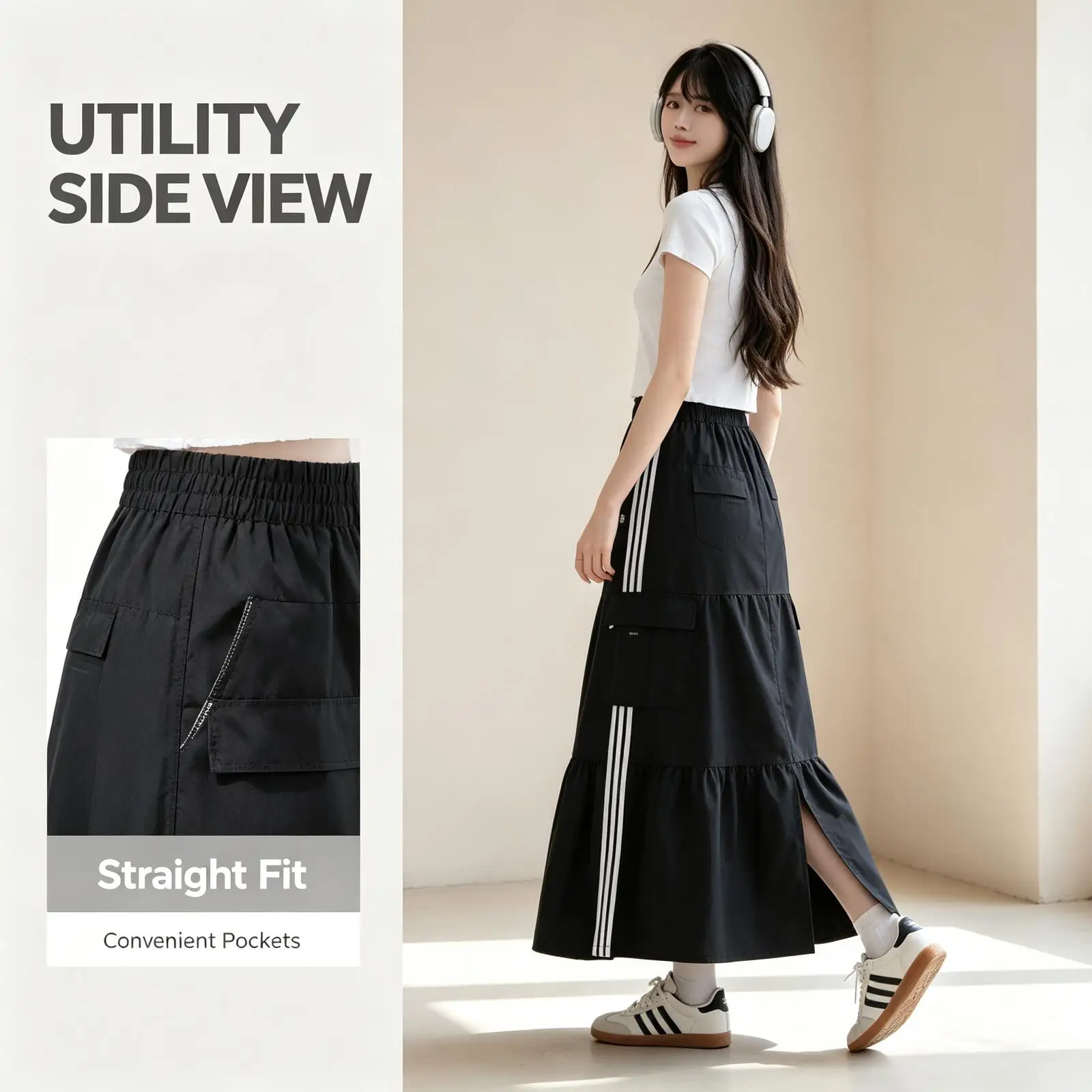 2026 Hot Adidas Black High Waist Cargo Midi Skirt Women Straight Long Skirt with Pockets Side Slit Streetwear