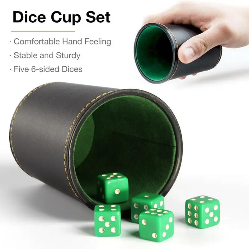 Dice Cup Set With 5 Dices PU Leather Stable Sturdy Comfortable Bar KTV Entertainment Dice Cup For Family Gatherings Party Game