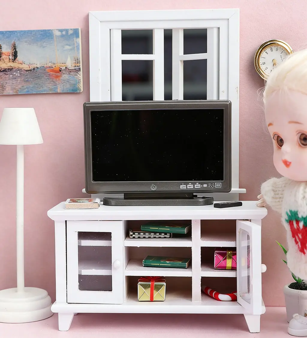 

1:12 Dollhouse Miniature Living Room Set - White Double-Door Cabinet TV Stand, Black TV+Remote, Dollhouse Micro Scene Decor
