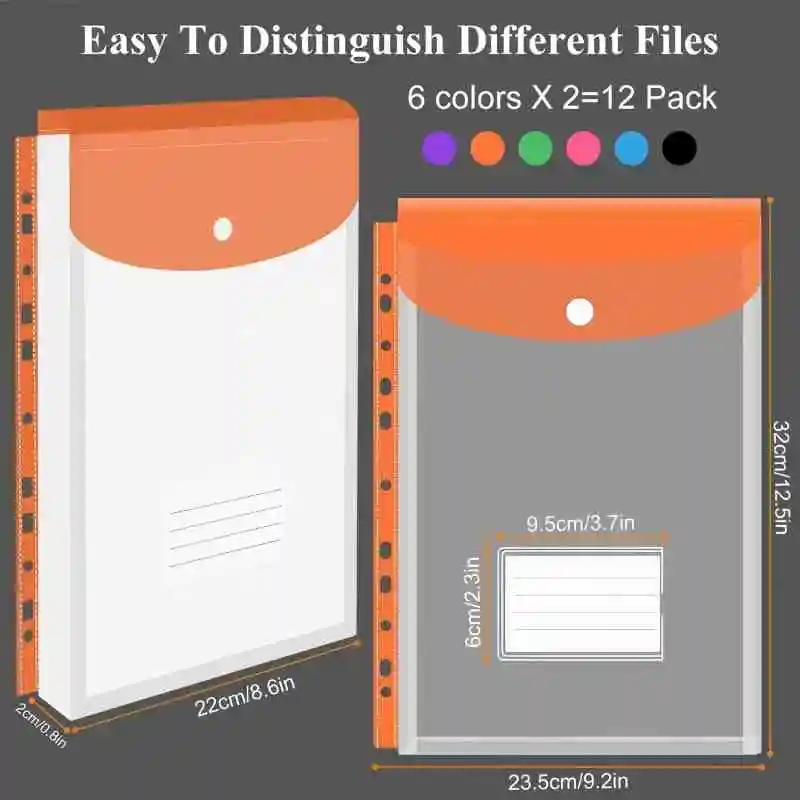 New A4 Binder Pocket Organizer Folders, 12 Pack Expandable Folders Plastic Binder Folders with 11 Holes for 2/3/4 Ring Binder