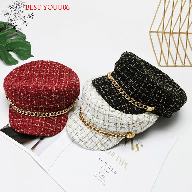 Hot Autumn Winter Pearl Chain Flat Top Navy Hat Fashion Beret Newsboy Caps Berret Woman Octagonal Hats Women's Designer Apparel