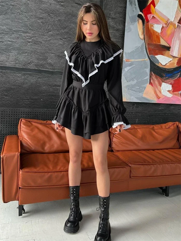 

New Women 2026 Spring Slim Black Women's Dresses Lace Splice Folds Mini Dress Streetwear Temperament Vestido De Mujer New