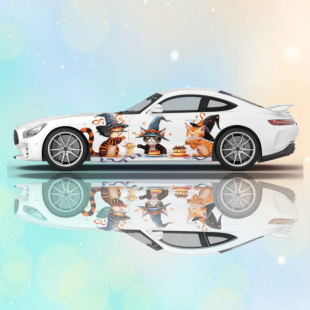 

Cute Cats Wearing Magic Hats Car Sticker Full Body Decoration Covering Scratches Protect Auto Sticker Waterproof Car Vinyl Wraps