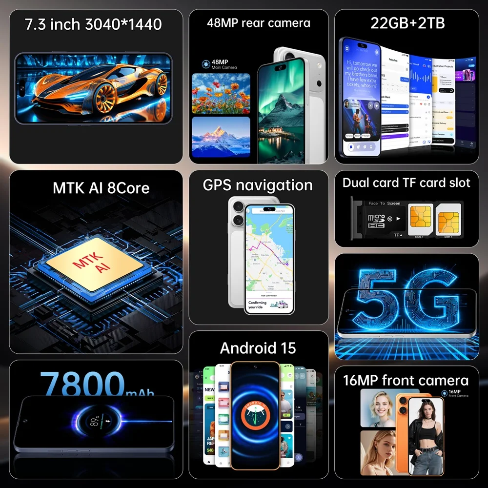 K-Touch Mobiltelefone M17 Pro Max Smartphone 5G Dual-SIM Android 15 Günstiges Handy 7,3 Zoll 16+48MP Kamera 7800mAh WIFI GPS Globale Version Mobiltelefone für Männer und Frauen – Detail 5