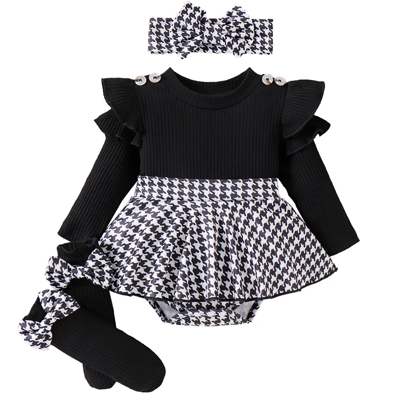 

4PCS Fall Newborn Girls Clothes Fashion Plaid Cute Bow Long Sleeve Cotton Bodysuit+Hair Band+Socks Baby Boutique Clothing BC651