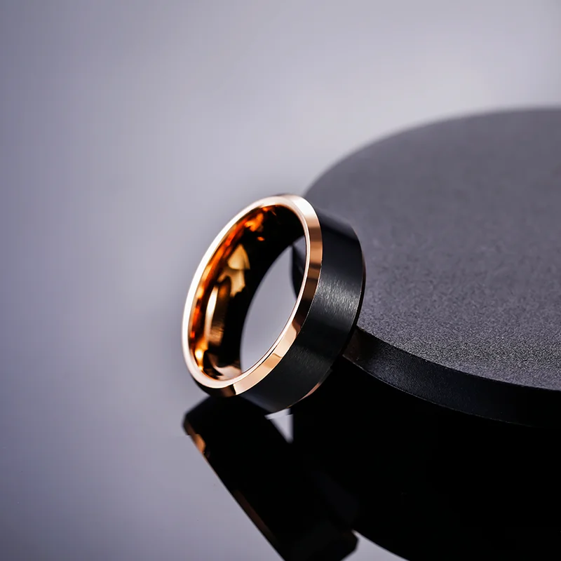 Somen 8mm Men Tungsten Carbide Ring Wedding Band Black Brushed Beveled Polished Cut Edge Rose Gold Color Inside Engagement Rings view 3