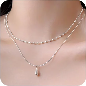 925 स्टर्लिंग सिल्वर स्टैक्ड राइस ग्रेन ऑलिव बीड्स चेन नेकलेस महिलाओं के लिए उत्तम सरल कॉलरबोन चेन ज्वेलरी गिफ्ट USA 10 best sales हार का ढेर - №5