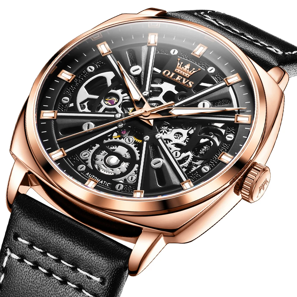 OLEVS Luxury Skeleton Men Watch Mechanical Wristwatch Leather Strap Fashion Waterproof Automatic Watches Relogio Masculion