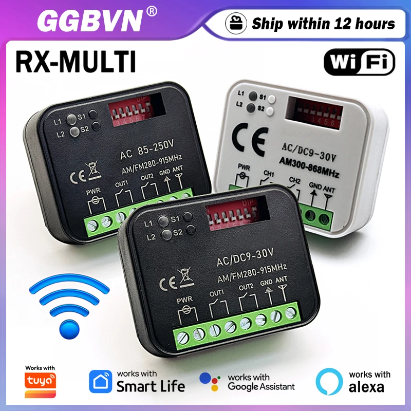 Universal RX MULTI 300-868MHz Wifi Smart Switch Module Relay 433MHz 868MHz Garage / Gate Remote Control Receiver Works With Tuya