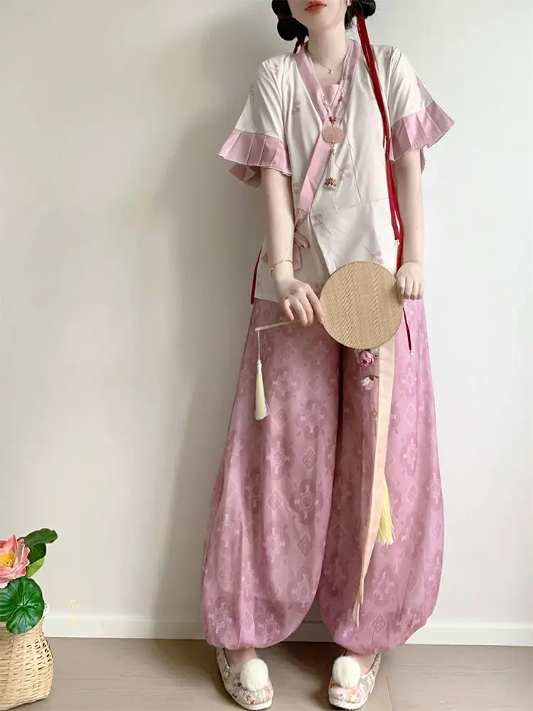 Jin Dynasty Hanfu Set - Women's Cross-Collar Short Sleeve Top Lantern Pants Traditional Chinese Clothing for Daily Wear view 4