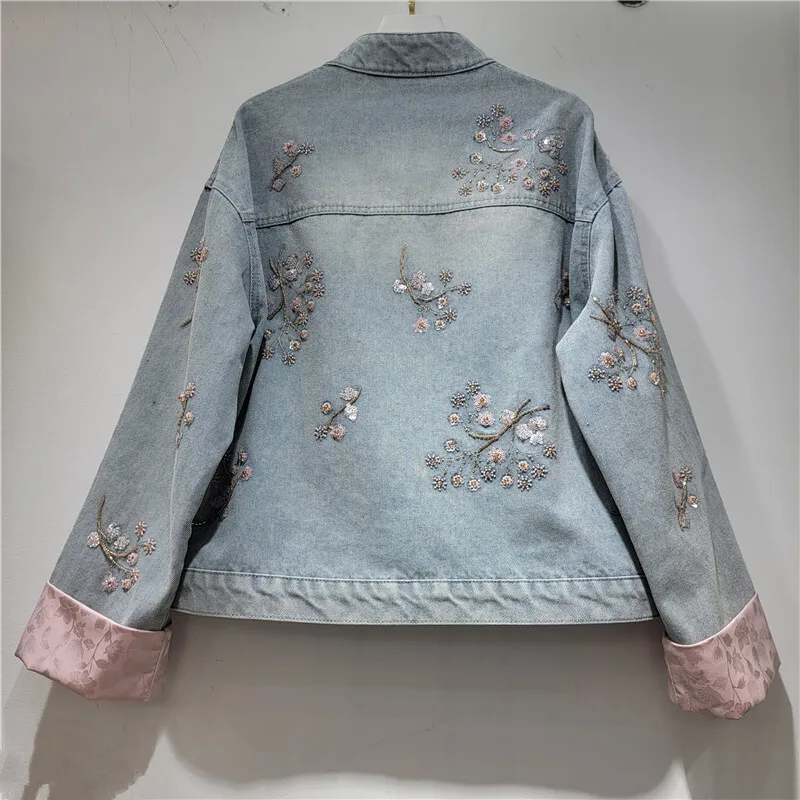 ANJY Spring Autumn New Women Stylish Heavy Sequins Embroidered Flares Denim Jacket Fashion Trendy Contrast Color Ins Coat A24126