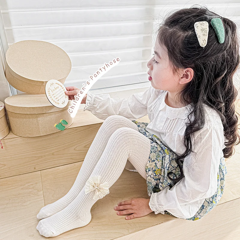 Girls Vertical Striped Tights Adorned with Double Lace Ribbon Bows Sweet Style Soft Elastic Breathable Fabric Footed Pantyhose