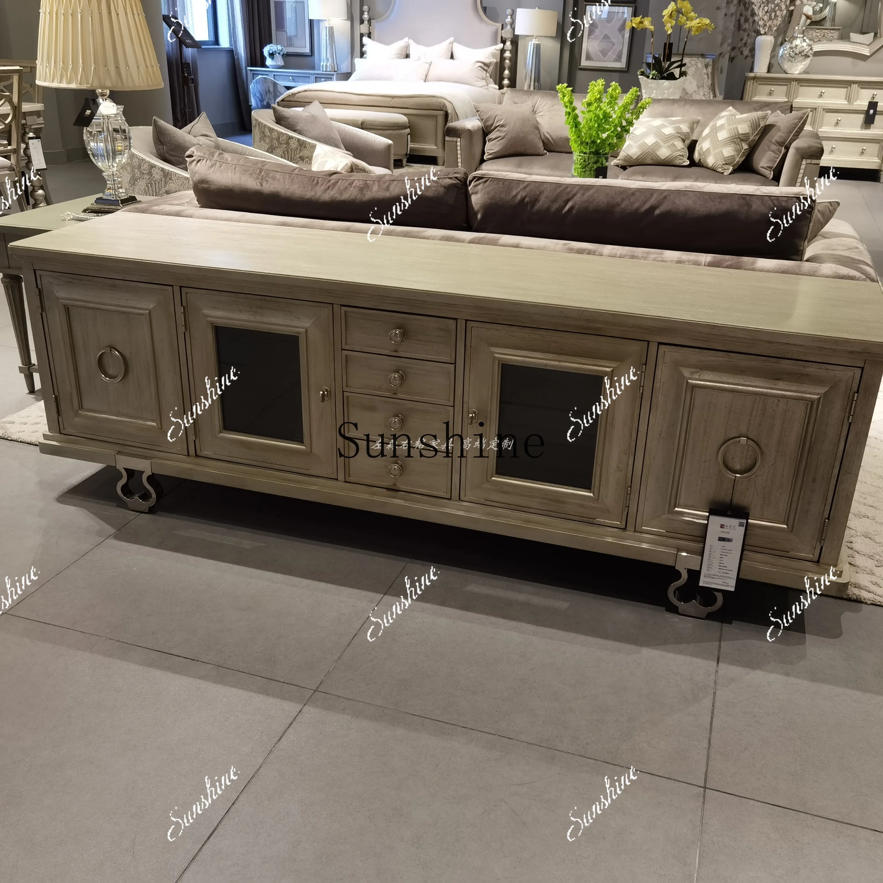 Furniture American solid wood engraving light luxury laser projector TV cabinet customization  FT