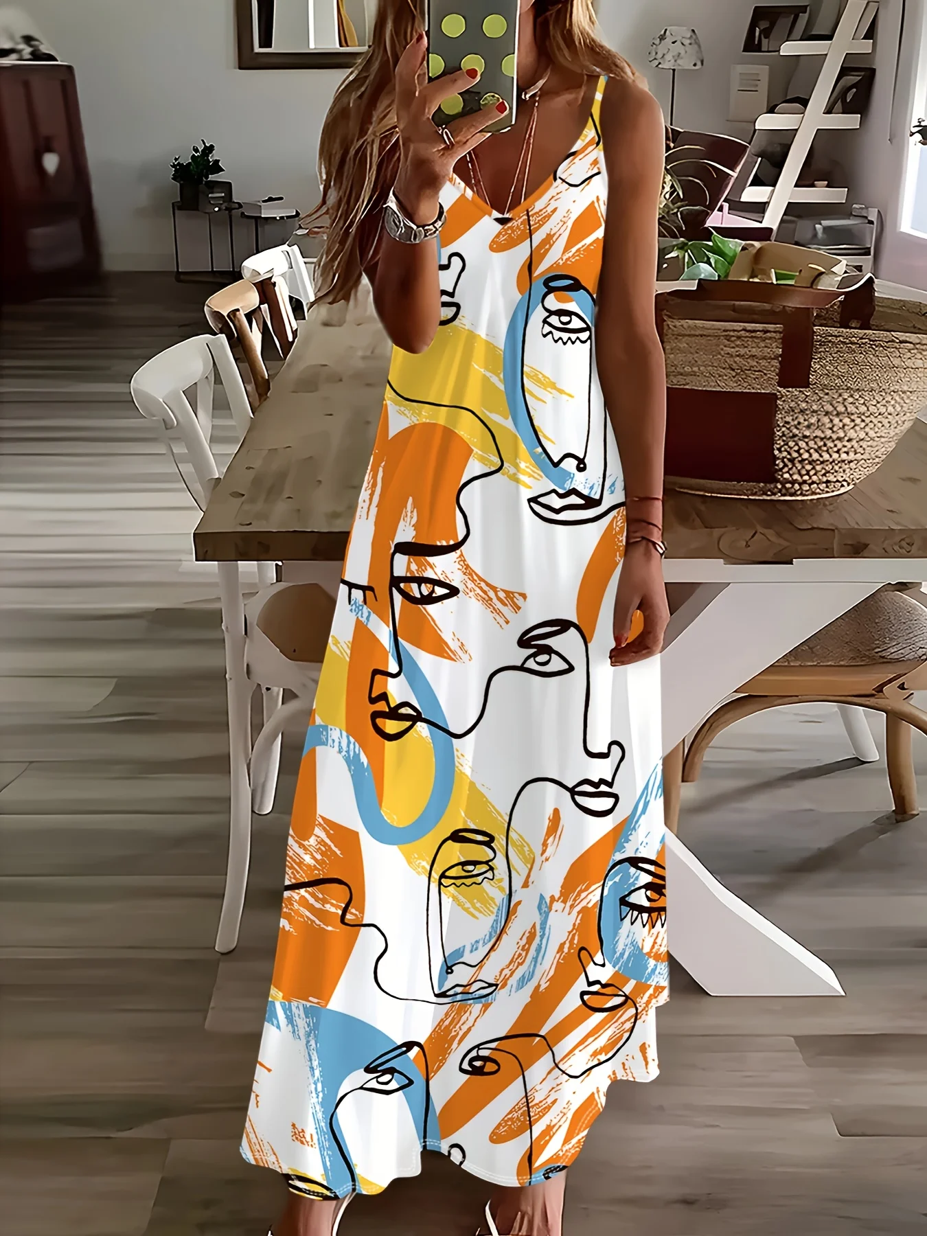 Printed Design casual style Abstract Faces Colorful Artistic Design women's dress