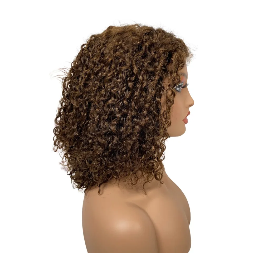 

Pixie Curly Short Curly 200% Density Brazilian Human Hair Curly Wigs for Women 4x4 Transparent Lace Closure Wig Brown Color