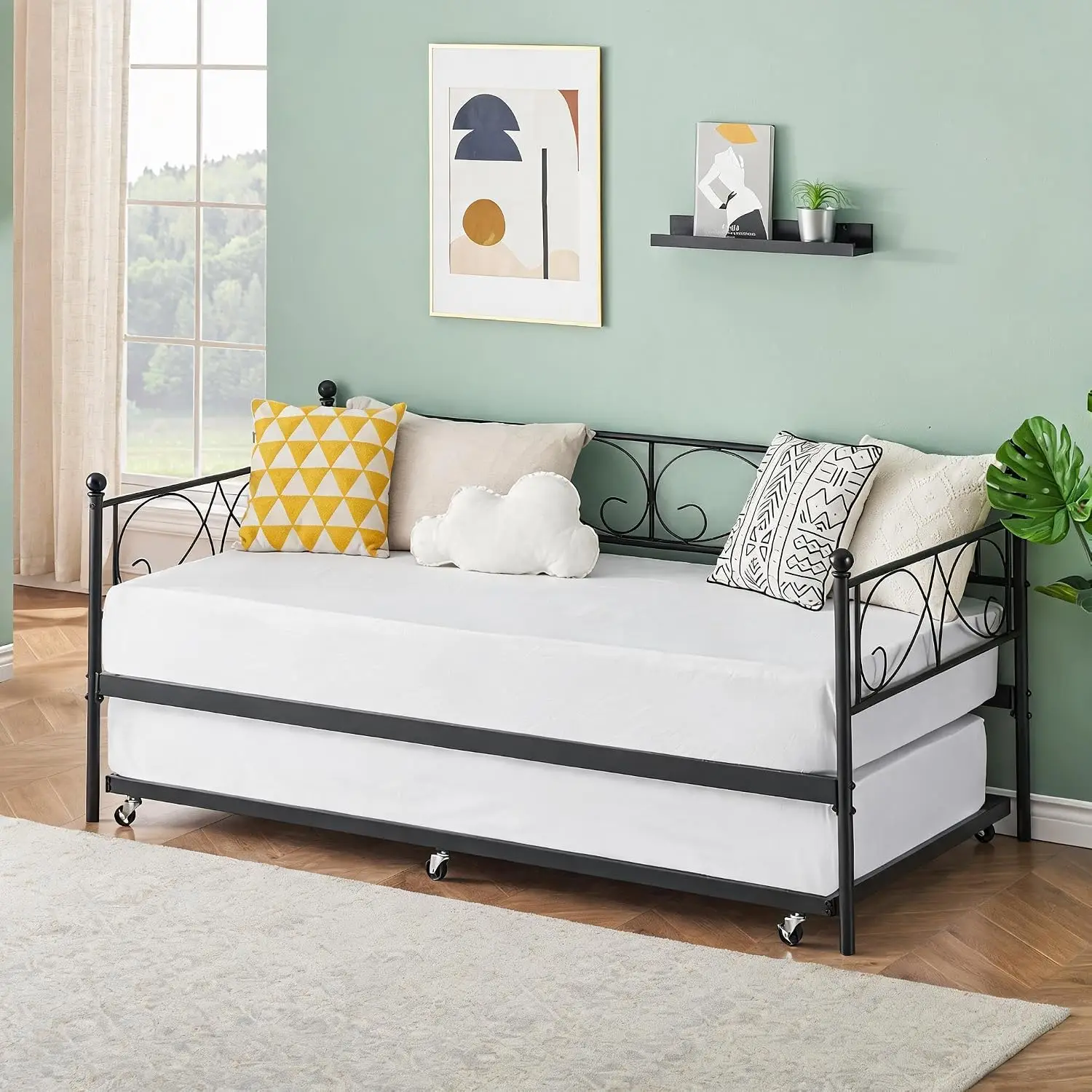 Sofa Bed with Pull-Out Trundle Bed for Bedroom/Living Room Twin Daybed with Trundle Upholstered Headboard & Charging Station Headboard Included No Box Spring Needed