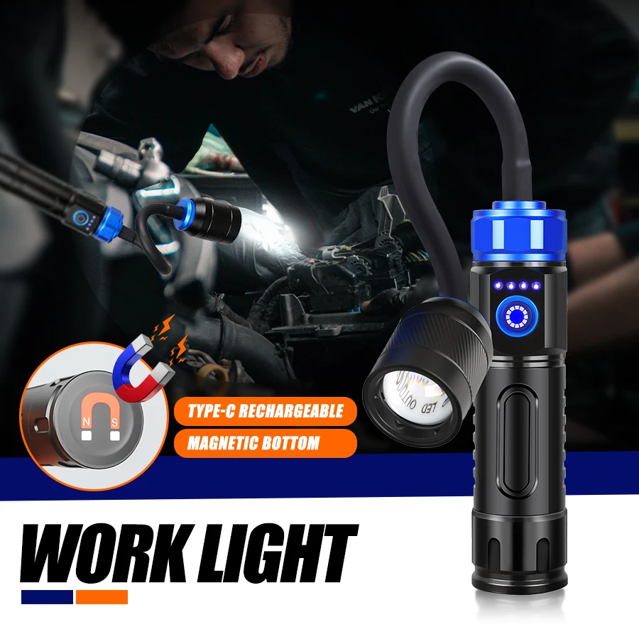 Flexible LED Work Light with Magnetic Ultra Bright Type-C Rechargeable Flashlight Waterproof  Zoom Torch Light for Camping BBQ
