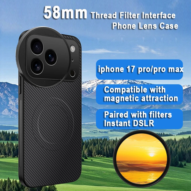 

58mm Filter Case Luxury Ultra Thin Carbon Fbier Magnetic Leather Case for iPhone 17 Pro/Pro Max Magsafe Wireless Charging Cover