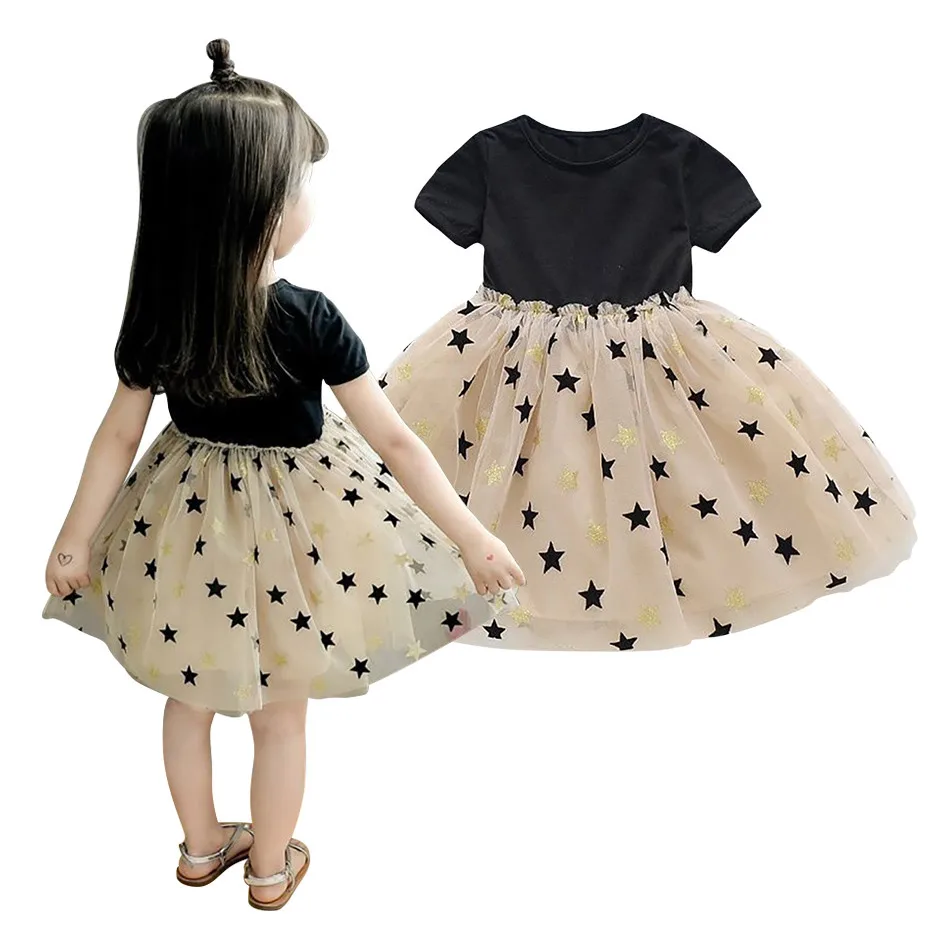 Children's Summer Short Sleeved Mesh Patchwork Dress For Girls Sparkling Star Puffy Skirt Girls Casual Dresses