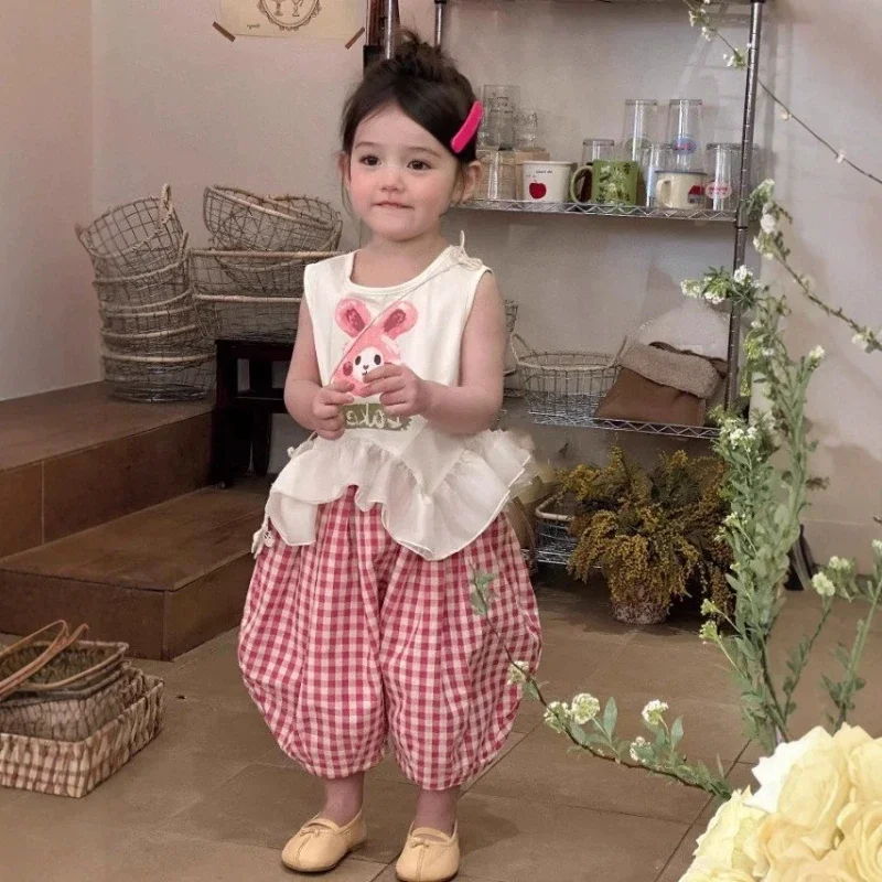 

Summer Outfit 2025 New Style Children's Lotus Leaf Hem Cute Pattern Sleeveless Top and Checkered Wide Leg Pants Two-piece Set