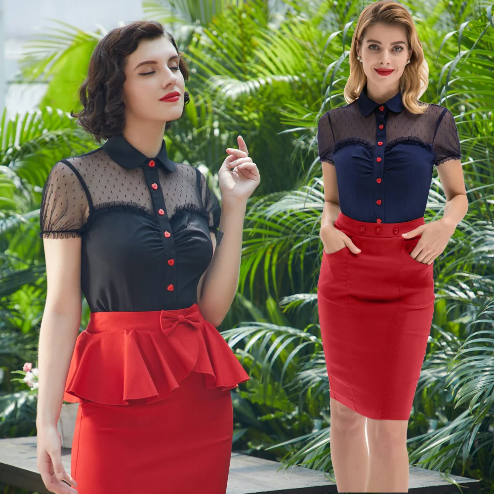 Belle Poque-Blusa de manga corta con cuello de solapa para mujer, camisas Retro Vintage de los años 1950, blusa Rockabilly de malla con lunares,