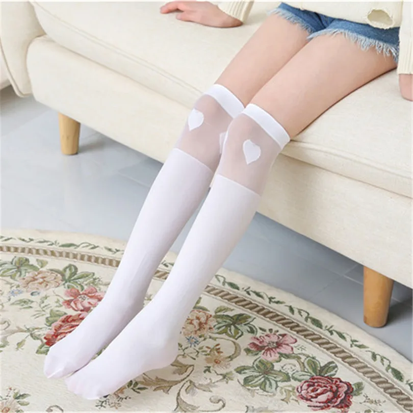 Sweet Girls White Knee High Cotton Socks Cartoon Star Heart Striped Pattern High Stretch Breathable Daily Casual Long Stockings