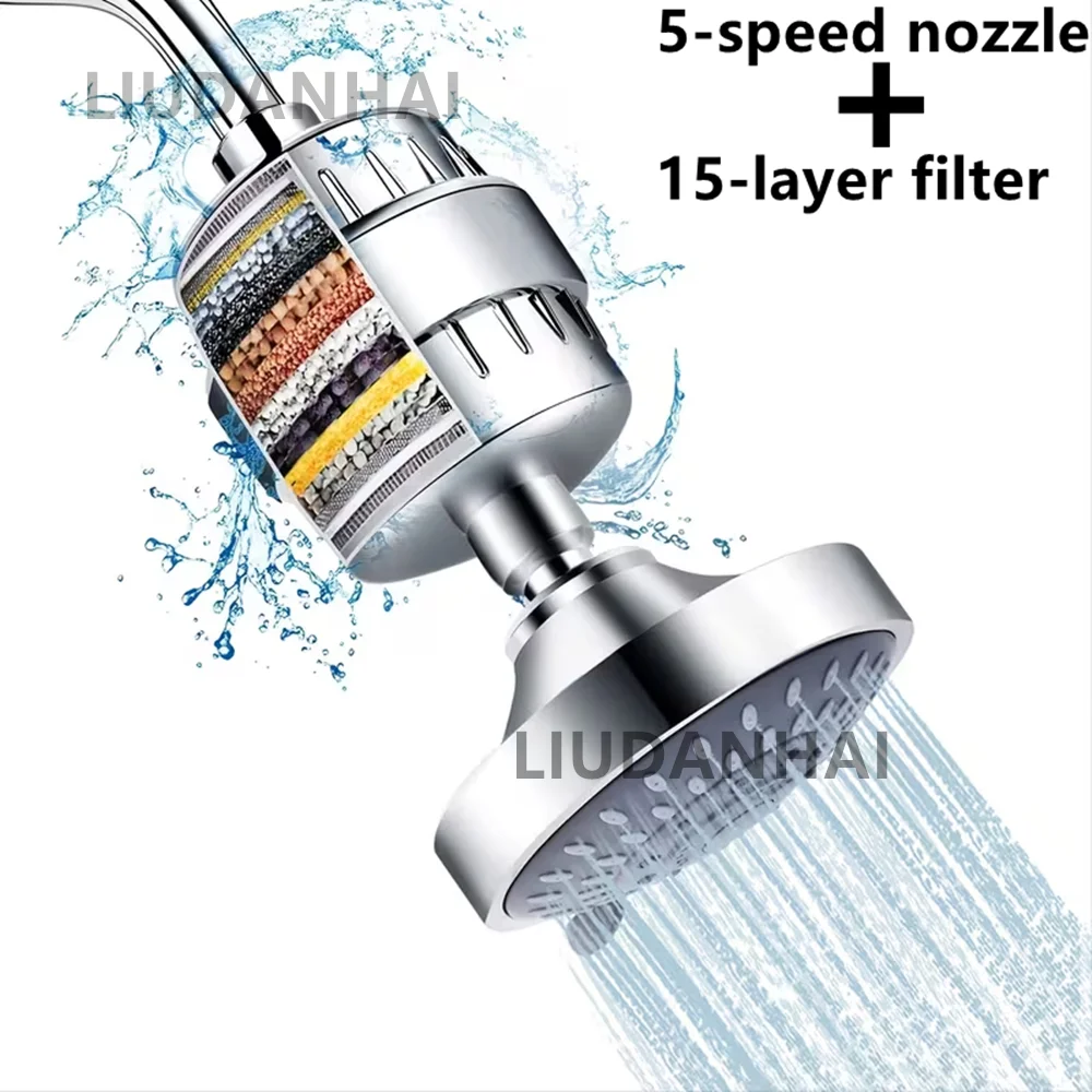 High-Pressure Shower Head with 5 Spray Settings & 15-Layer Hard Water Filter - Modern Round Design, Easy Install Kit for Enhance