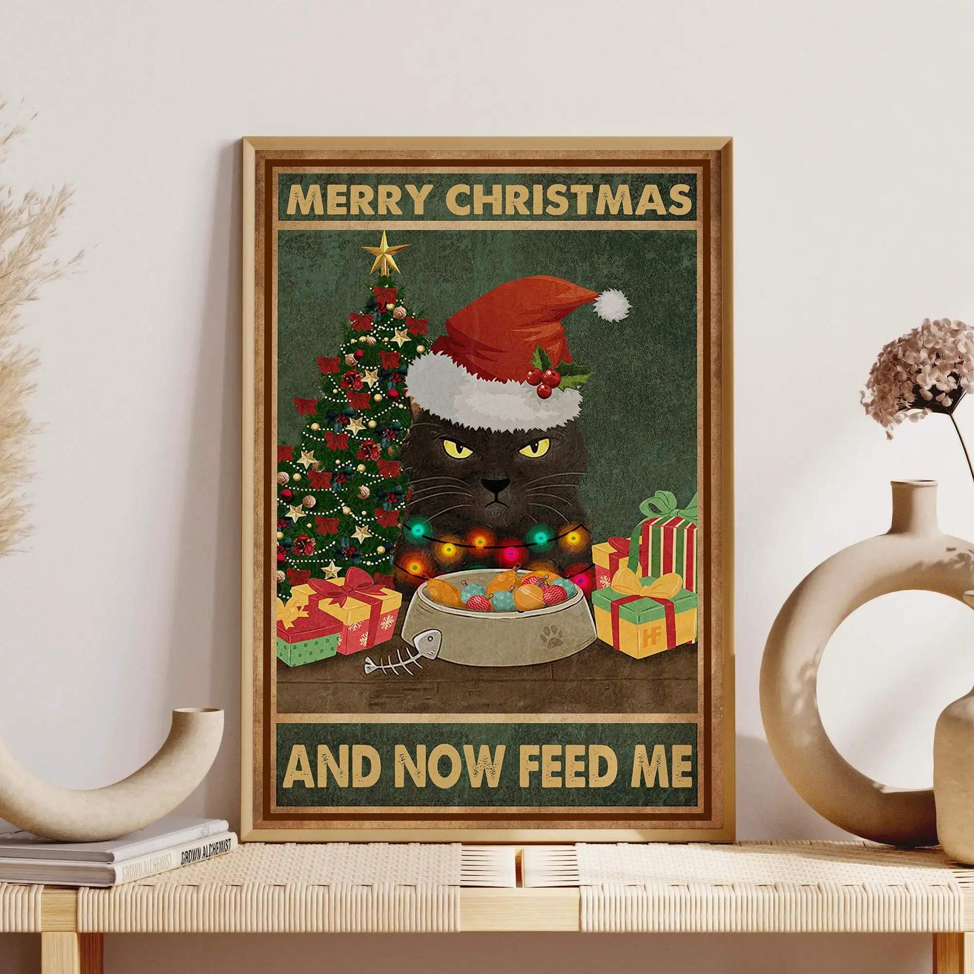 Abstract Cat Merry Christmas and Now Feed Me Poster Funny Christmas Wall Art Poster Christmas Cozy Poster for Living Room Decor