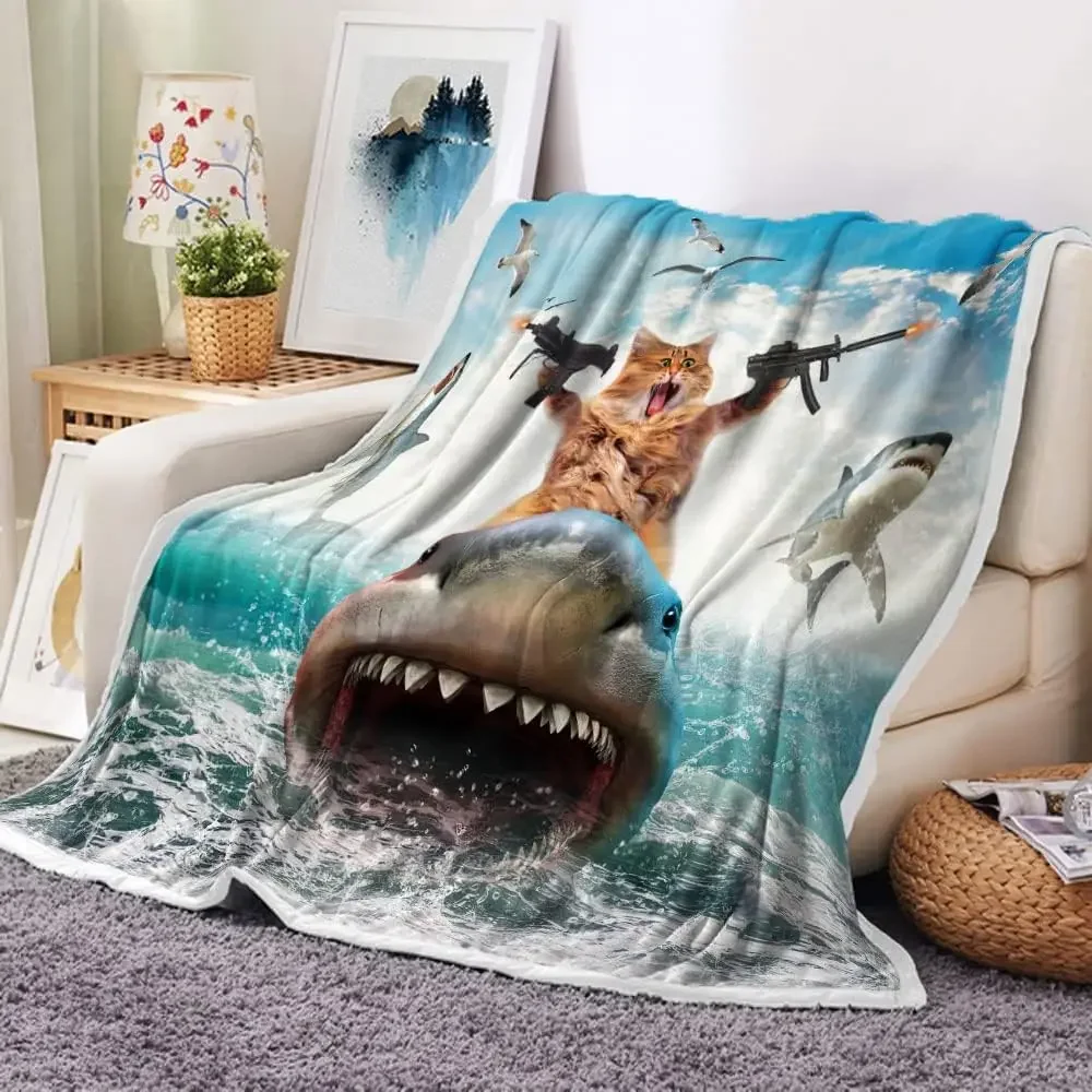 

Funny Cat Throw for Kids Farmhouse Cool Cat Riding Shark on Blue Ocean Fleece Throw Blanket Cozy Soft Lightweight Couch Sofa Bed