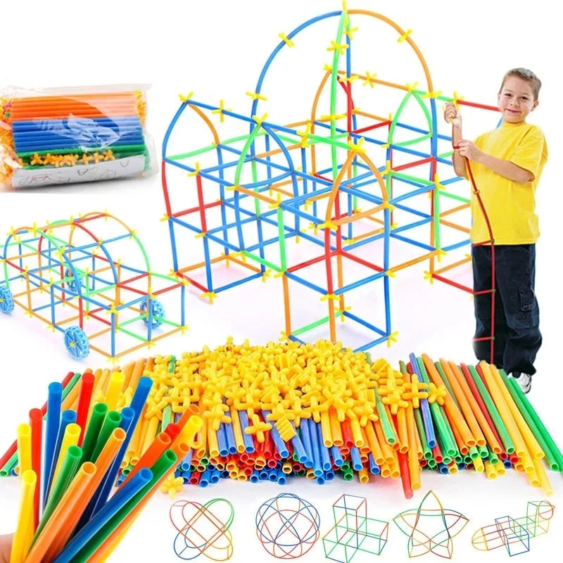 Montessori Straw Constructor Construção Conjuntos, Palhas Conectores, Colorido Motor Habilidades, Engenharia Educacional Toy, DIY