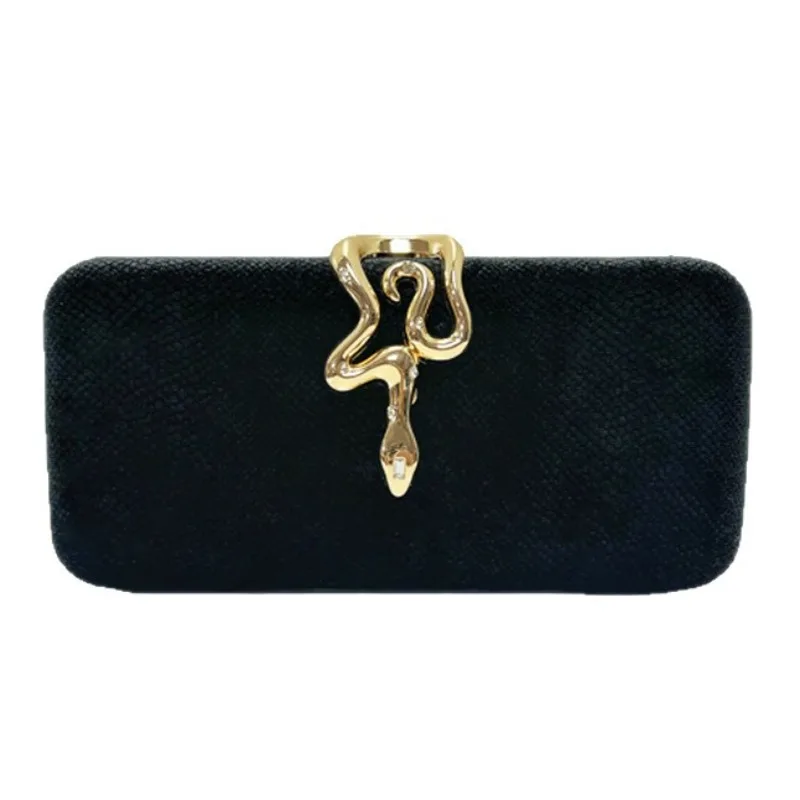 Black Snake Skin Texture Clutch Bag Gold Snake Crystal Metal Lock Rectangle Evening Handbag Luxury Formal Wedding Purse Mature