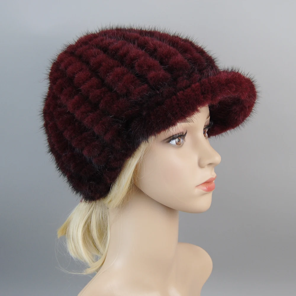 2024 Real Fur Cap Knitted Natural Mink Fur Cap For Women Winter Avoid Wind And Snow Good Quality Female Mink Peaked Cap Ear Warm