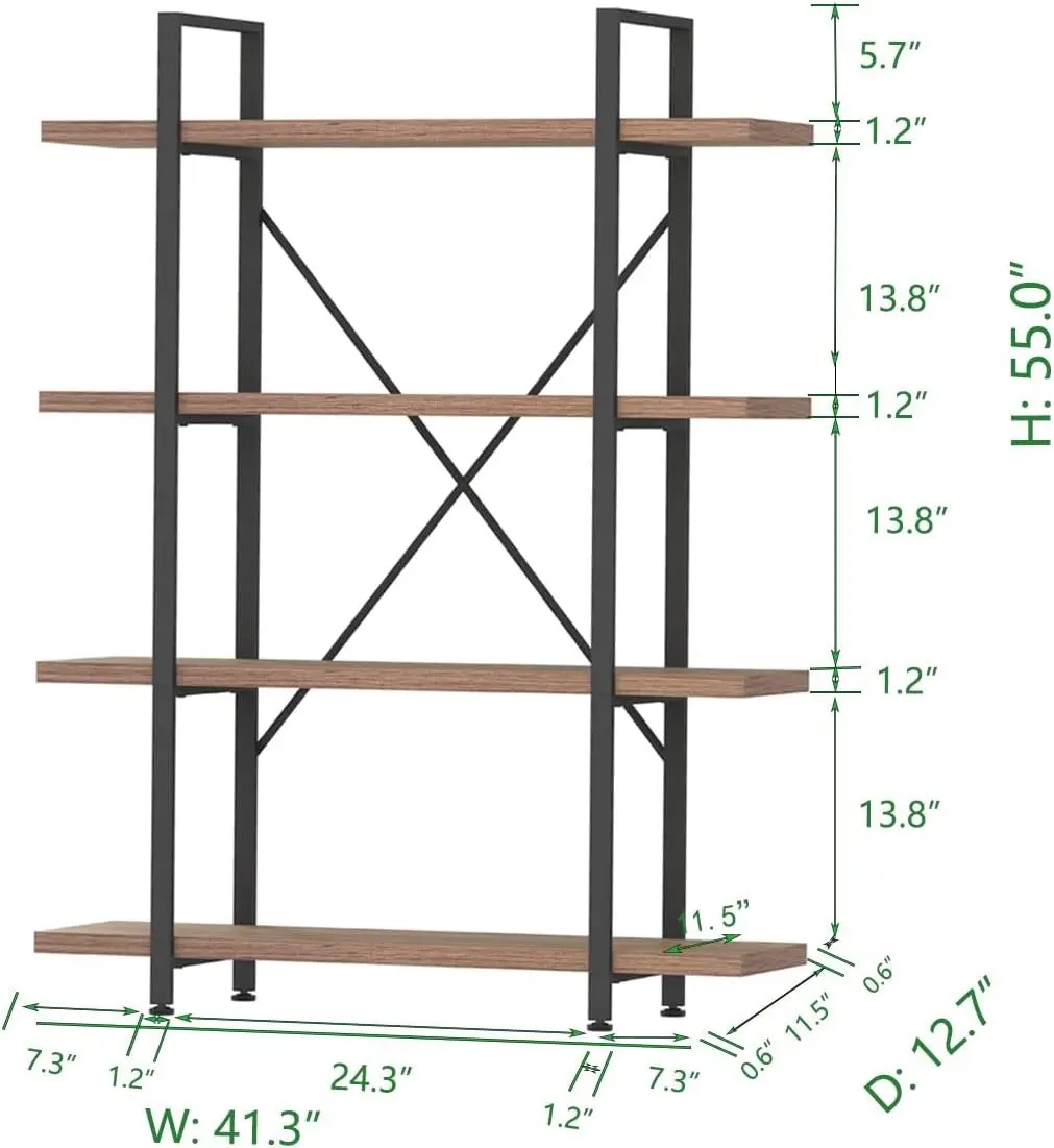 Rustic Oak 4‑Tier Industrial Bookcase, Modern Metal and Wood Freestanding Open Display Bookshelf, Heavy‑Duty Farmhouse Wide Storage Organizer for Bedroom Living Room Office