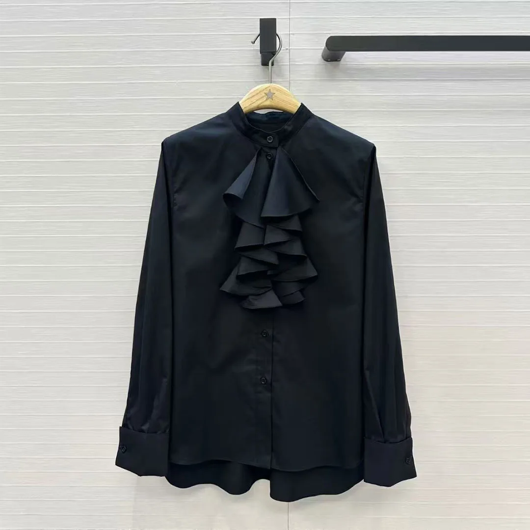 

2026 New Spring Fashion Palace Retro Cotton Shirt Women Ruffles O-neck Long Sleeve Single Breasted Loose Chic Blouse Solid Tops