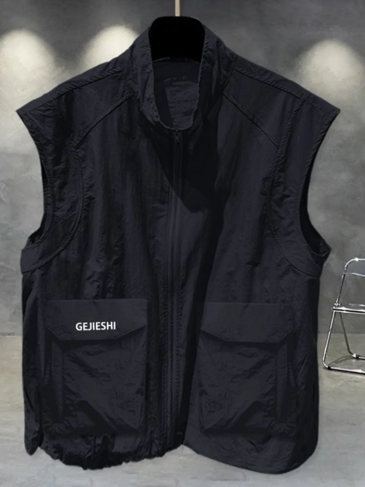 Quick Dry Lightweight Men's Vest Summer Sport Casual Multi-Pocket Jacket Stand Collar Shoulder Pad Workwear Outerwear