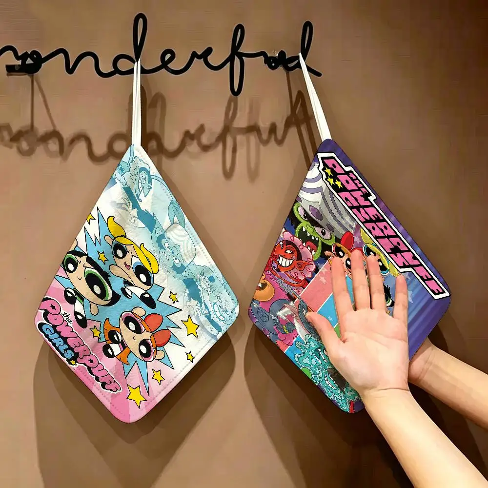 The Cartoon P-Powerpuffs Star Girls Polyester Cotton Hand Wiping Towel, Anti-shrink Hanging Kitchen Cloth for Household Cleaning