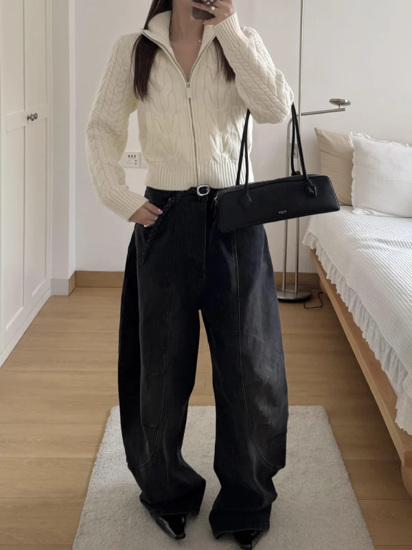 

American Style Vintage Washed Knife Denim Jeans Women's Spring Summer New Street Loose Silhouette Black Wide Leg Pants