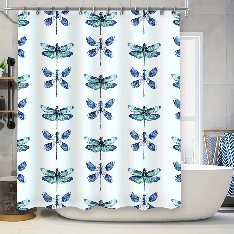 Blue Dragonfly Shower Curtain Nature Botanical Teal Blue Bathroom Decor Vintage Floral Patterned Fabric Waterproof Liner