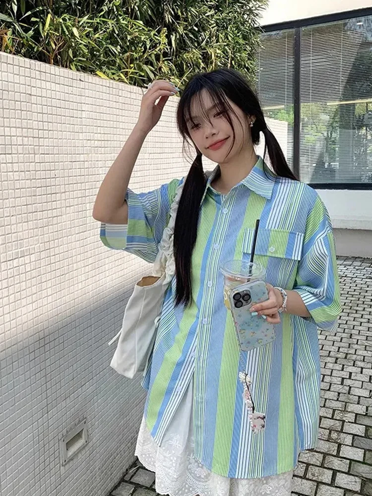 

Korean Loose Striped Shirt Women Casual Vintage Oversize Half Sleeve Blouse Summer Preppy Style Female Retro Sweet Tops